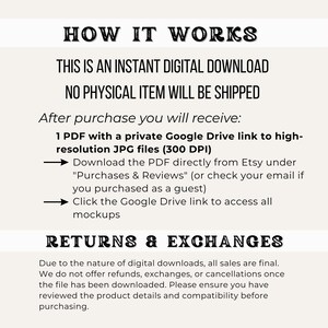 May include: A cream-colored graphic with black text detailing the process of a digital download. The text includes "HOW IT WORKS", "THIS IS AN INSTANT DIGITAL DOWNLOAD", and information on accessing files after purchase. The image also includes information on returns and exchanges.
