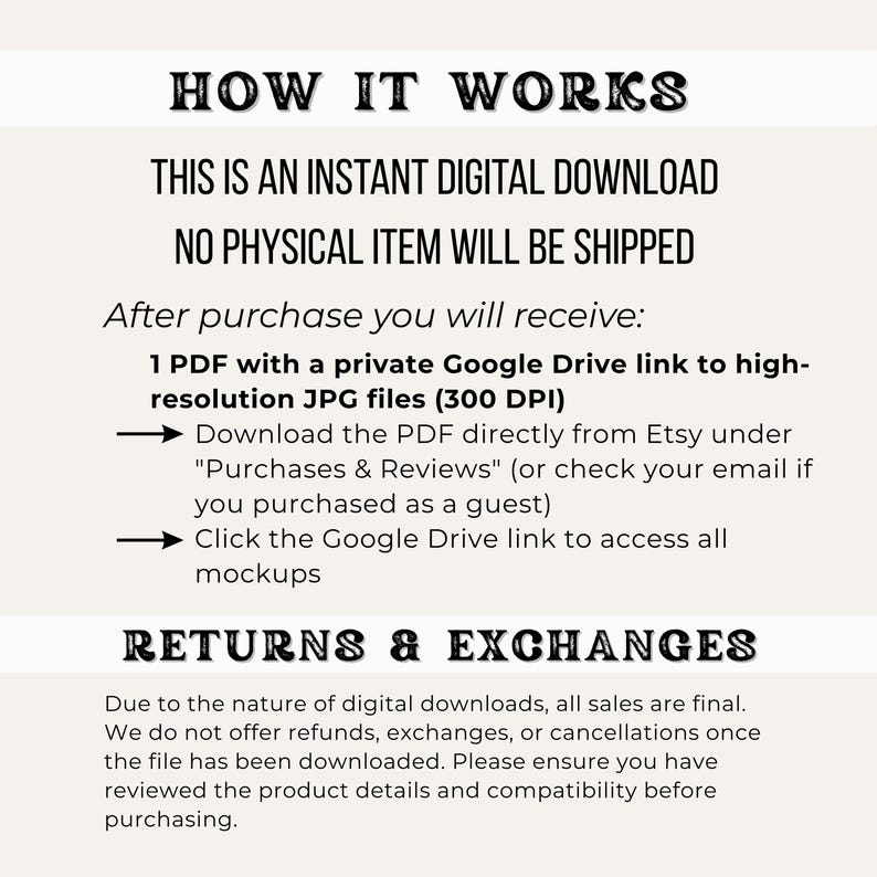 May include: A cream-colored graphic with black text detailing the process of a digital download. The text includes "HOW IT WORKS", "THIS IS AN INSTANT DIGITAL DOWNLOAD", and information on accessing files after purchase. The image also includes information on returns and exchanges.