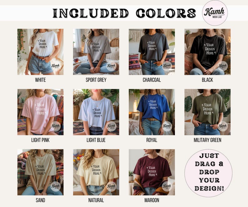 May include: A product image showcasing t-shirts in various colors, including white, sport grey, charcoal, and black. Each shirt features the text "Your Design Here" and is displayed on a model. The image also includes colors like light pink, light blue, royal, military green, sand, natural, and maroon.