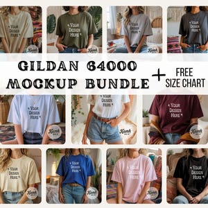 Gildan 64000 Mockup Bundle | G64000 Shirt Mockups + Size Chart | Gildan Softstyle T-Shirt Aesthetic Mockup Bundle for POD Sellers