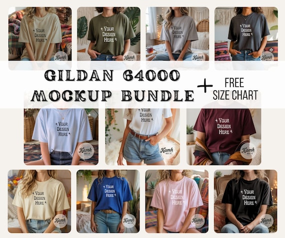 Gildan 64000 Mockup Bundle | G64000 Shirt Mockups + Size Chart | Gildan Softstyle T-Shirt Aesthetic Mockup Bundle for POD Sellers
