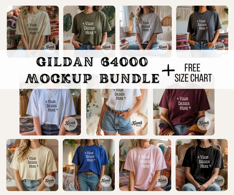 May include: A mockup bundle of Gildan 64000 t-shirts in various colors, including beige, olive green, gray, and black. Each shirt displays the text "YOUR DESIGN HERE". The image also includes a free size chart.