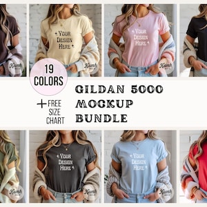 Gildan Mockup 5000 Bundle | Gildan 5000 T-shirt Mockups + Size Chart | Gildan Softstyle T-Shirt, Aesthetic Mockup Bundle for POD, G5000 Mock
