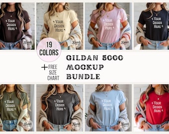 Gildan Mockup 5000 Bundle | Gildan 5000 T-shirt Mockups + Size Chart | Gildan Softstyle T-Shirt, Aesthetic Mockup Bundle for POD, G5000 Mock