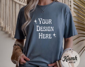 Gildan Mockup 64000 - Heather Indigo - T-shirt Mockup, Gildan Softstyle, Aesthetic Mockup, Canva Printify Mockup, Digital Download