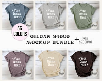 Gildan 64000 Mockup Bundle | Flatlay G64000 Shirt Mockups + Size Chart | Gildan Softstyle T-Shirt Aesthetic Mockup Bundle for POD Sellers