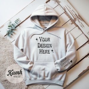 Gildan 18500 Hoodie Mockup, Ash, Flat Lay Mockup for Print on Demand, Hoodie Sleeve Mockup, Casual Simple Mock, Gildan 18500 Mockup G185