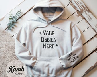 Gildan 18500 Hoodie Mockup, Ash, Flat Lay Mockup for Print on Demand, Hoodie Sleeve Mockup, Casual Simple Mock, Gildan 18500 Mockup G185