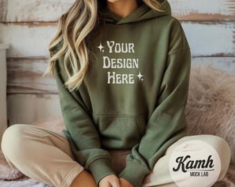 Gildan 18500 Military Green Hoodie Mockup, Gildan 18500 Mockup, Sweatshirt Mockup, Aesthetic Mockup, Canva Printify Mockup, Digital Download