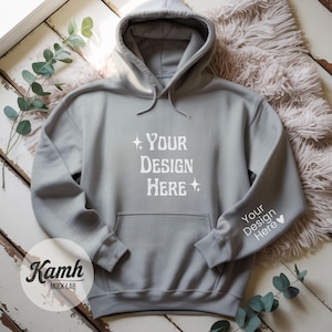 Gildan 18500 Hoodie Mockup, Sport Grey, Flat Lay Mockup for POD, Hoodie Sleeve Mockup, Casual Simple Mock, Gildan 18500 Mockup G185