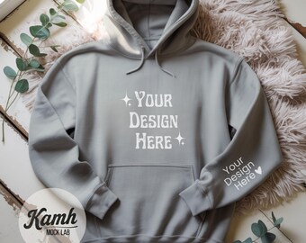 Gildan 18500 hoodiemodel, sportgrijs, platliggend model voor POD, hoodie mouwmodel, casual eenvoudig model, Gildan 18500 model G185