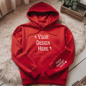Gildan 18500 Hoodie Mockup, Red Hoodie Mockup, Flat Lay Mockup for POD, Hoodie Sleeve Mockup, Casual Simple Mock, Gildan 18500 Mockup G185