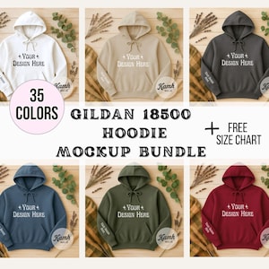 Gildan 18500 Mockup Bundle | Flatlay 18500 Hoodie Mockups + Size Chart | Fall Sweatshirt Mockup Bundle for POD Sellers, Gildan Hoodie Mockup