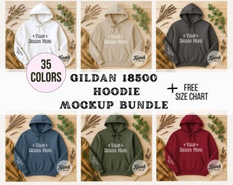 Gildan 18500 Mockup Bundle | Flatlay 18500 Hoodie Mockups + Size Chart | Fall Sweatshirt Mockup Bundle for POD Sellers, Gildan Hoodie Mockup