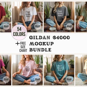 Gildan 64000 Mockup-Bundle | G64000 Shirt-Mockups + Größentabelle | Gildan Softstyle T-Shirt-Ästhetik-Mockup-Bundle für POD-Verkäufer