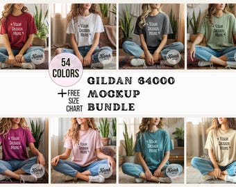 Gildan 64000 Mockup Bundle | G64000 Shirt Mockups + Size Chart | Gildan Softstyle T-Shirt Aesthetic Mockup Bundle for POD Sellers