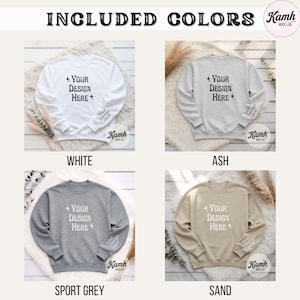 Peut inclure: Maquette de produit pr&eacute;sentant quatre sweat-shirts de couleurs blanche, cendr&eacute;e, gris sport et sable. Chaque sweat-shirt affiche le texte "+ YOUR DESIGN HERE +" sur le devant et "Your Design Here" sur la manche. Le texte "INCLUDED COLORS" est en haut.