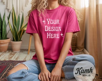 Gildan Mockup 64000 - Heliconia- T-shirt Mockup, Gildan Softstyle, Aesthetic Mockup, Canva Printify Mockup, Digital Download