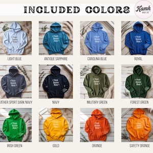 May include: A product image showcasing a variety of hooded sweatshirts in different colors. The image includes the colors light blue, antique sapphire, carolina blue, royal, heather sport dark navy, navy, military green, forest green, irish green, gold, orange, and safety orange. Each hoodie has the text "Your Design Here."