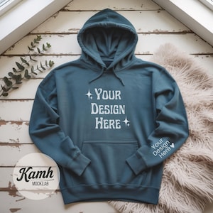 Gildan 18500 Hoodie Mockup, Indigo Blue, Flat Lay Mockup for POD, Hoodie Sleeve Mockup, Casual Simple Mock, Gildan 18500 Mockup G185