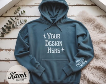 Gildan 18500 Hoodie Mockup, Indigo Blue, Flat Lay Mockup for POD, Hoodie Sleeve Mockup, Casual Simple Mock, Gildan 18500 Mockup G185