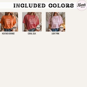 May include: Image showcasing three t-shirts in different colors: heather orange, coral silk, and light pink. Each shirt has the text "Your Design Here" printed on the front. The image also includes the text "INCLUDED COLORS" and a logo.