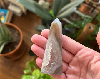 May include: A white and brown agate crystal point with a pointed tip and a natural, rough texture. The crystal is translucent and has a white, cloudy center with brown bands.