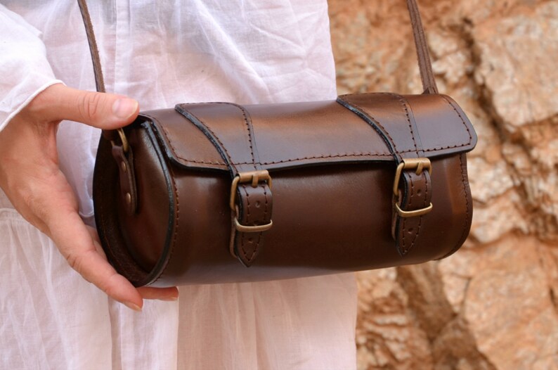 Handmade Full Grain Round Leather Barrel Bag From Greece Etsy