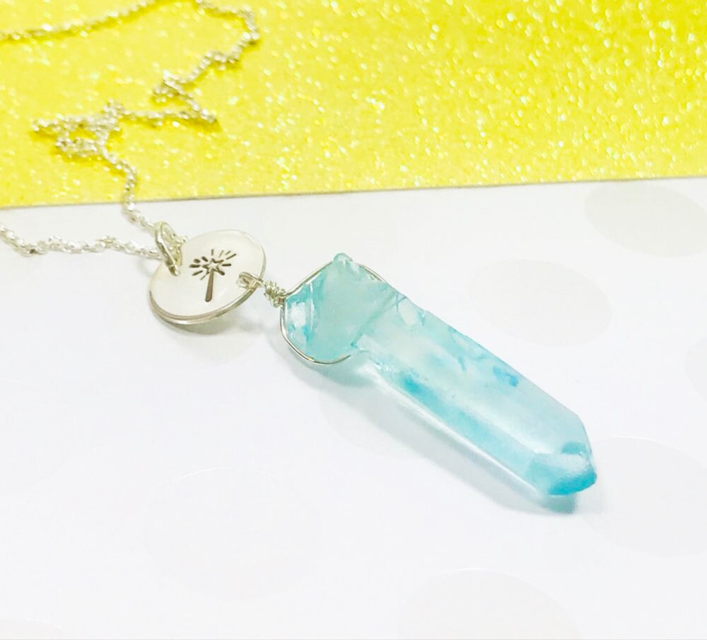 Aqua Crystal Necklace Blue Quartz Pendant Crystal Point Etsy