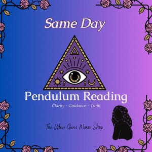 May include: Purple and gold triangle with an eye inside, surrounded by stars, a sun, and a moon. Text reads "Same Day Pendulum Reading Clarity - Guidance - Truth The Urban Cruvi Mama Shop".