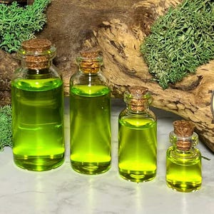 May include: Four glass bottles of varying sizes filled with a bright green liquid, each sealed with a cork stopper. The bottles are arranged in front of a wooden background with green moss and two green dice. A circular label reads "The Crimson Cauldron Apothecary & Potions."