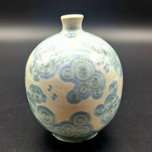 John Lonergan Studio Pottery, 1980 Signed Crystalline Glaze Bud Vase, Alabama Art Pottery, Blue and Ivory
