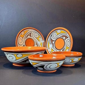 Vintage Ceramica Tony Capira Panama Pottery Set, 3 Bowls & 2 Plates, Hand Painted Folk Art Dinnerware