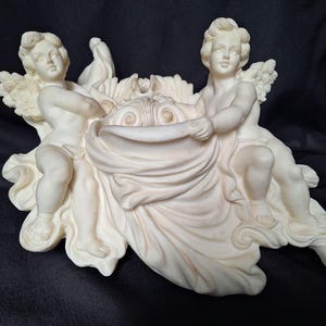 Wall Sculpture of Cherubs in Vatican Fountain by Ado Santini Italian Artist, Vintage, White Bonded Marble, Holy Water Font, Religious Gift