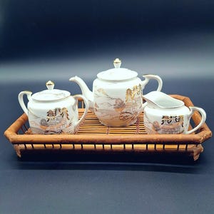 Kutani Eggshell Porcelain Teapot, Sugar Bowl and Creamer Set, Vintage 1950s Japan, Handpainted, Perfect Condition, Classic Japanese Beauty