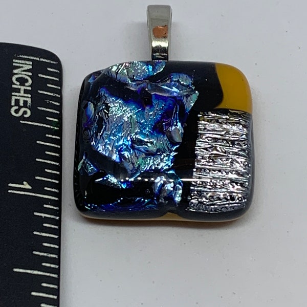 Dichroic Fused Glass Pendant/Necklace- Black, Blue and Gold#235