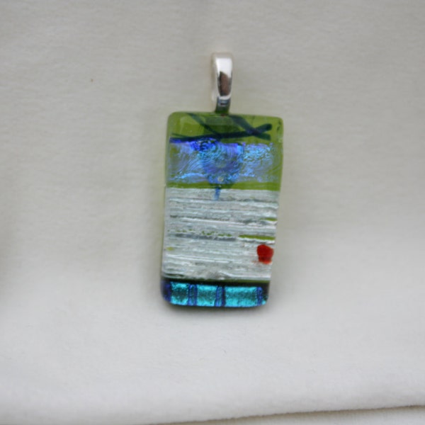 Dichroic Fused Glass Pendant - Green, SIlver, Blue and Red - #0117