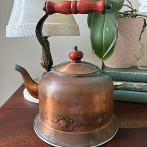 Vintage Copper Patina Floral Tea Kettle Tea Pot with Wooden Handle