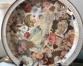 Large Vintage Victorian Style Winter Angel Plate Tin Tray Platter