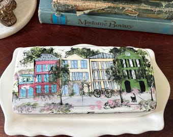 Vintage Hand Painted Historic Rainbow Row Charleston Signed Ceramic Butter Dish