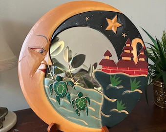 Vintage 1990s Celestial Hand Carved Painted Crescent Moon and Star Mirror with Turtles 11.5”