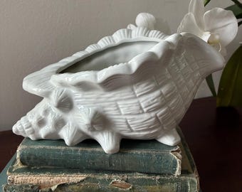 Vintage 1960s 1970s White Ceramic Conch Shell Planter