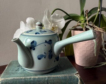 Blue and White Ceramic Kyusu Japanese Side Handle Teapot with delicate florals