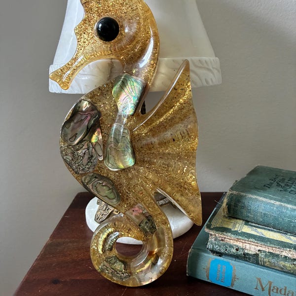 Vintage Mid Century Modern Lucite Acrylic Abalone Shell Seahorse Sea Horse Hanging Wall Art 9.5”