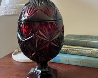 Vintage Wine Red Glass Candy Dish with Lid: Cristal D'Arques Luminarc Durand