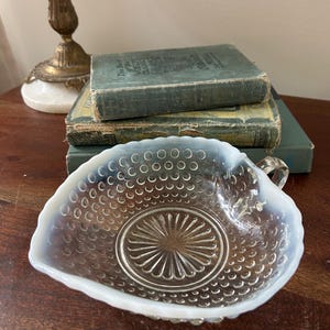 Vintage Moonstone Heart Dish: Opalescent Hobnail Glass Candy Bowl