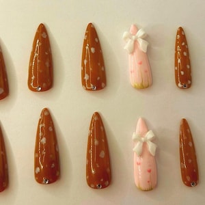 Coquette Fawn Cutesy Stiletto Press-On Nails – Brown White Pink Medium Length – Gems Bows & Art