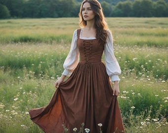 Medieval Cottagecore Brown Flowy Dress | Renaissance Peasant Dress | Linen Blend Laceup Sleeveless Gown | Rustic Fairycore Outfit for Women