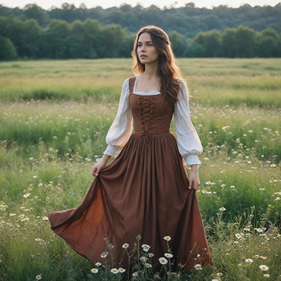 Medieval Cottagecore Brown Flowy Dress | Renaissance Peasant Dress | Linen  Blend Laceup Sleeveless Gown | Rustic Fairycore Outfit for Women - Etsy  Israel