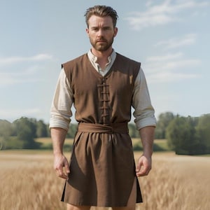 Brown Medieval Men&#39;s Tunic | Norse Villager Outfit For Him | Rustic Viking Costume | Historical Peasant Garb | Ren Fair Sleeveless Shirt